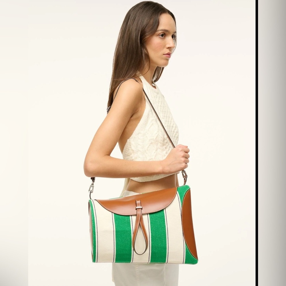 NWT STAUD “MIA BAG BUNGALOW STRIPE” Shoulder Bag with Leather Accents
